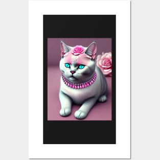 British Shorthair adorned with gems and pink roses Posters and Art